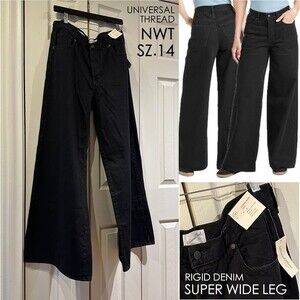 NWT Universal Thread Black Mid Rise Super Wide Leg Jeans Rigid Nonstretch 14